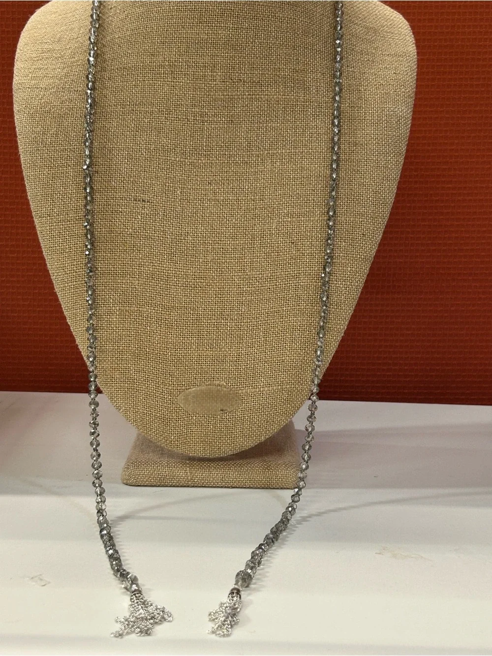 Stunning silver metallic glass crystal tasseled lariat scarf necklace